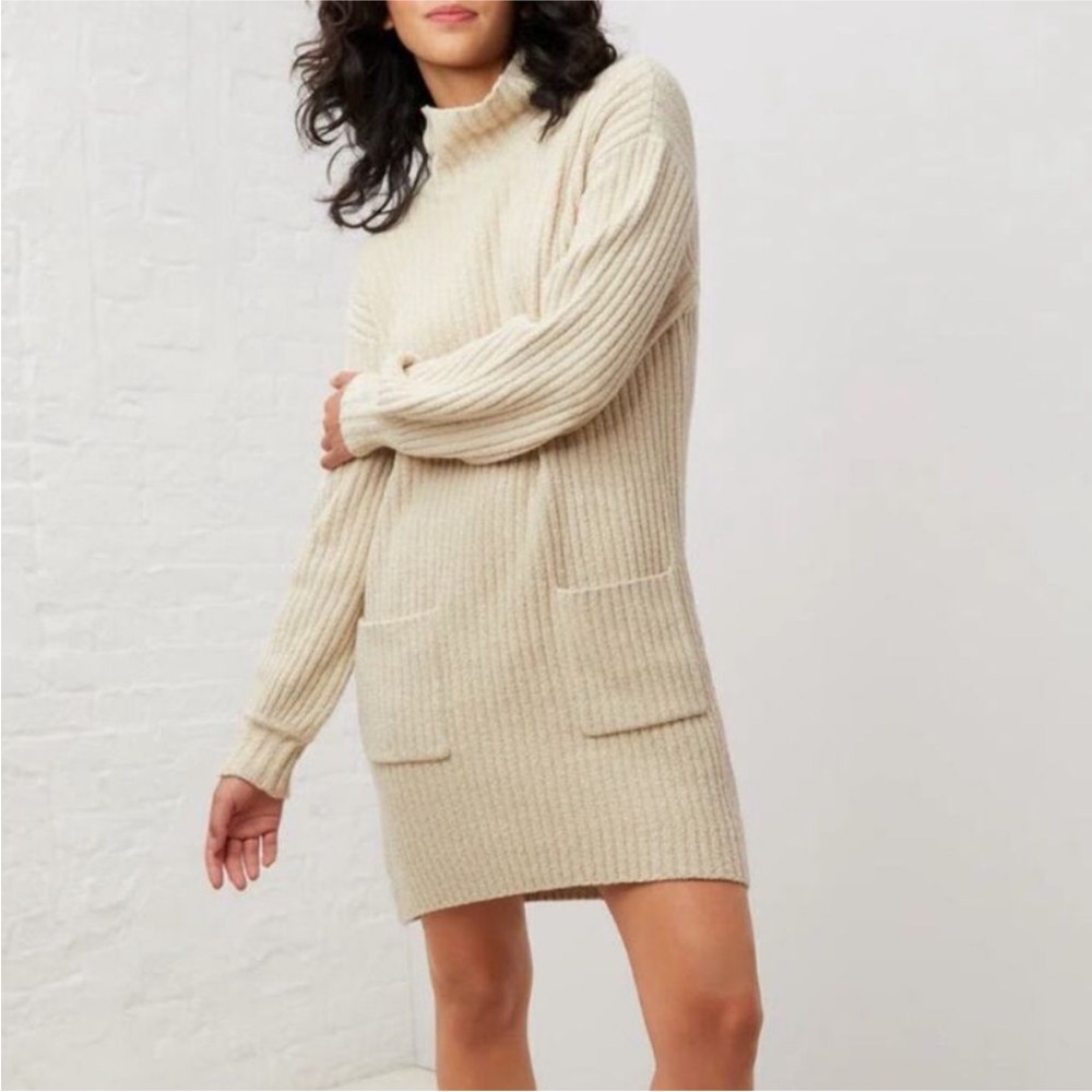 UpWest Cream Ribbed Turtleneck Sweater Dress